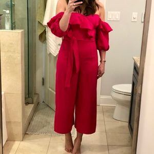 Hot pink linen strapless, wide-leg jumpsuit